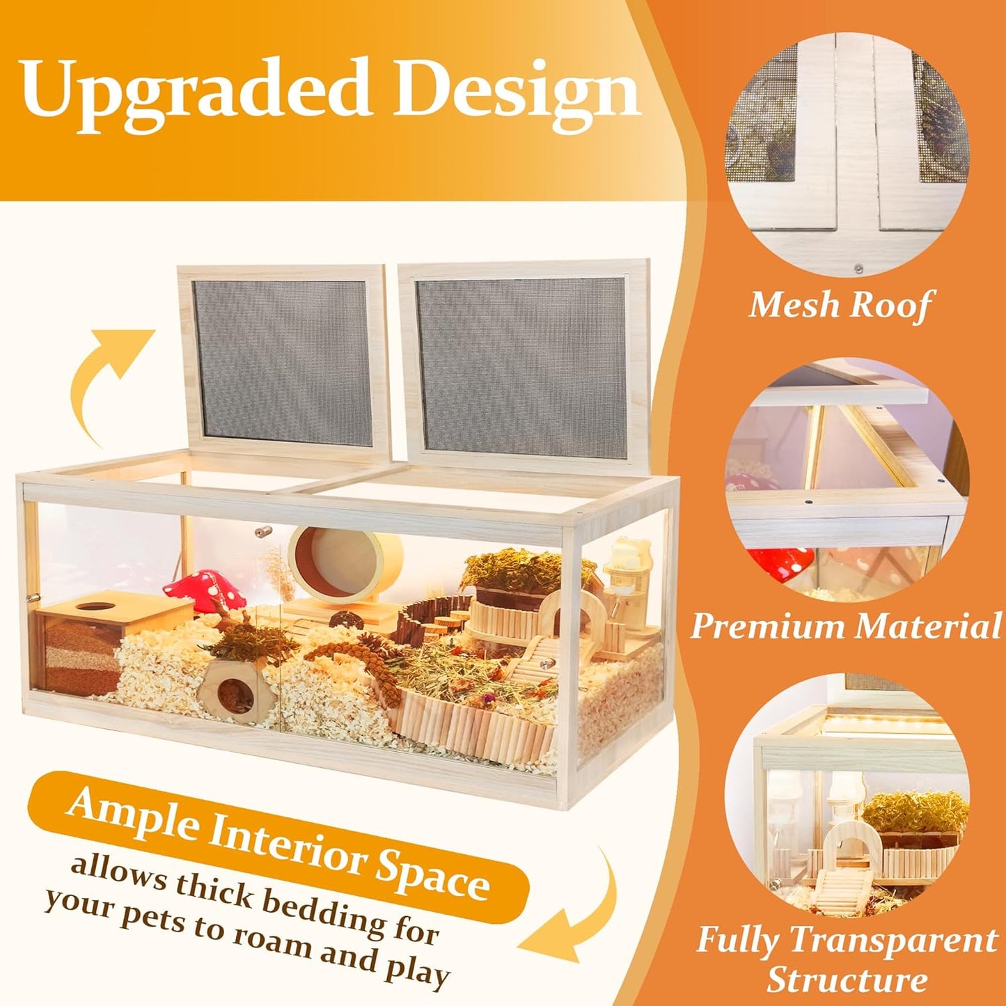 Prolee Hamster Cage with Lock Design,Large Hamster Enclosure with Openable Metal Mesh Top,Wooden Chewproof Gerbil Cage for Hedgehog Mouse Gerbil (48"x20"x20")