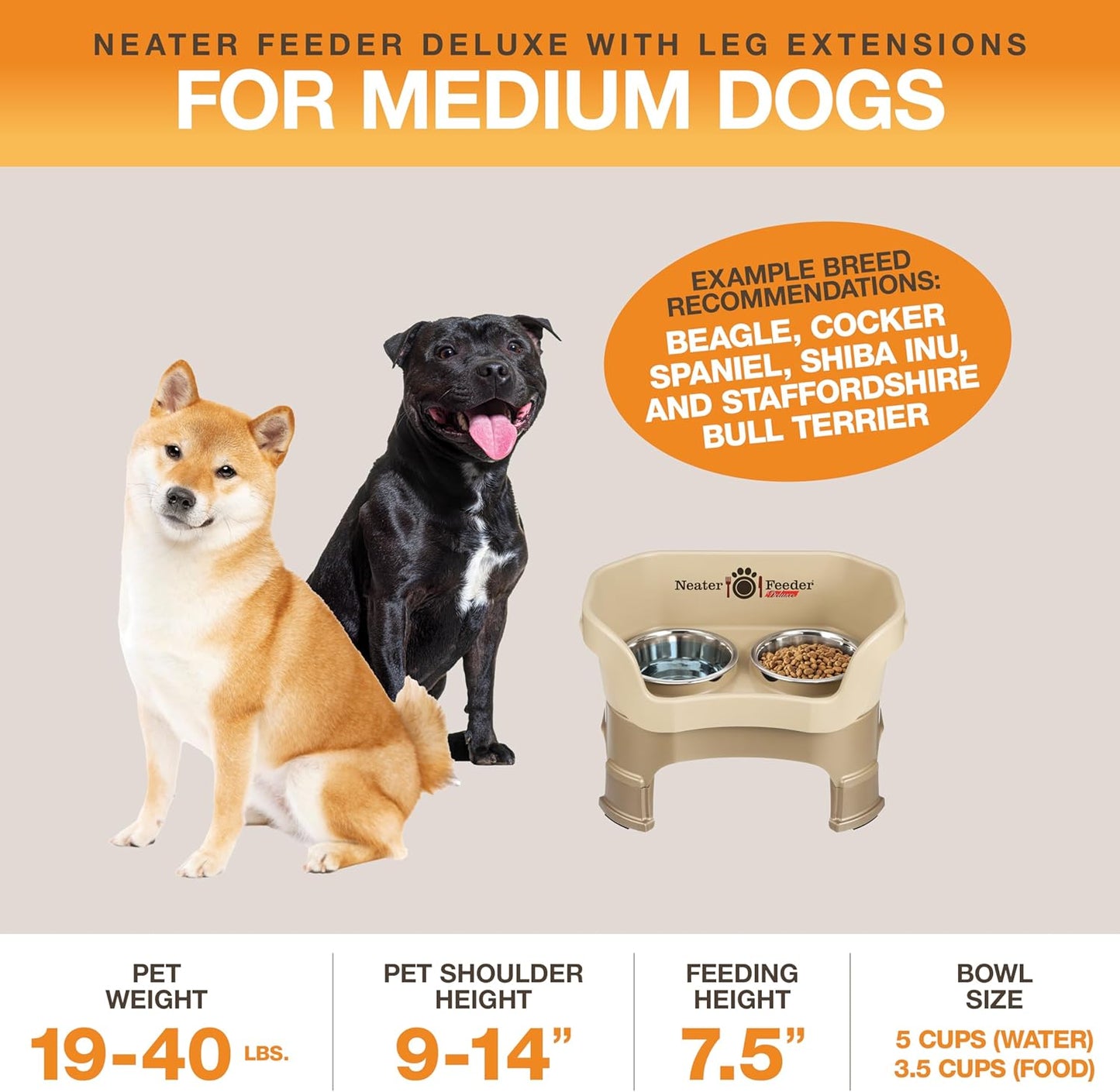 Neater Feeder Deluxe Mess Proof Dog Bowls Elevated Medium Sized Dogs (19-40 lbs) Made in USA, No Spill Raised Dog Food Bowl Stand w/Leg Extension, Stainless Steel Food and Water Bowl Set, Cappuccino