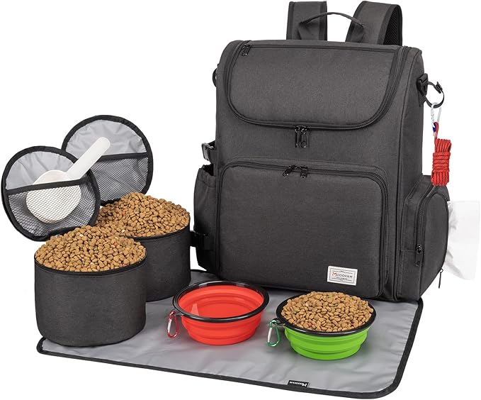 Modoker Dog Travel Bag Backpack, Airline Approved Pet Accessories Organizer for Dog and Cat with Shoulder Strap, 2 Dog Food Storage Containers, 2 Collapsible Dog Bowls,1 Pet Mat, Black