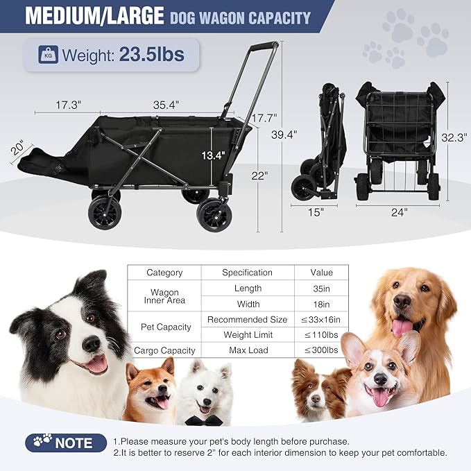 REDCAMP Folding Dog Wagon Cart with Extendable Rear End Heavy Duty, 220L Large Collapsible Utility Cart Dog Stroller with Tailgate for Sports Shopping Pet, Black