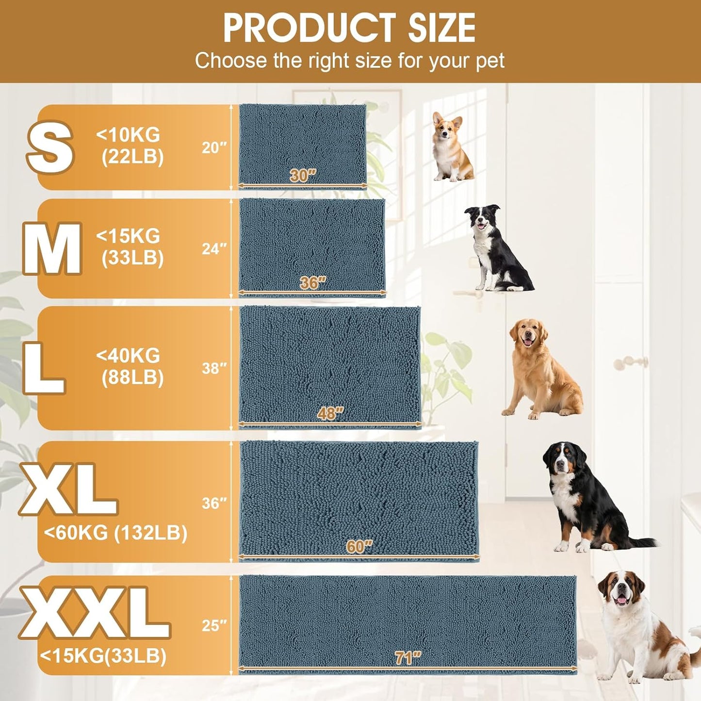Extra Large Dog Door Mats for Muddy Paws, Chenille Absorbent Dog Mats, Non Slip Heavy Mud Mat for Dogs, Soft Pet Mat for Entryway, Mud Paws, Inside Floor,71" x 25", Dusty Blue