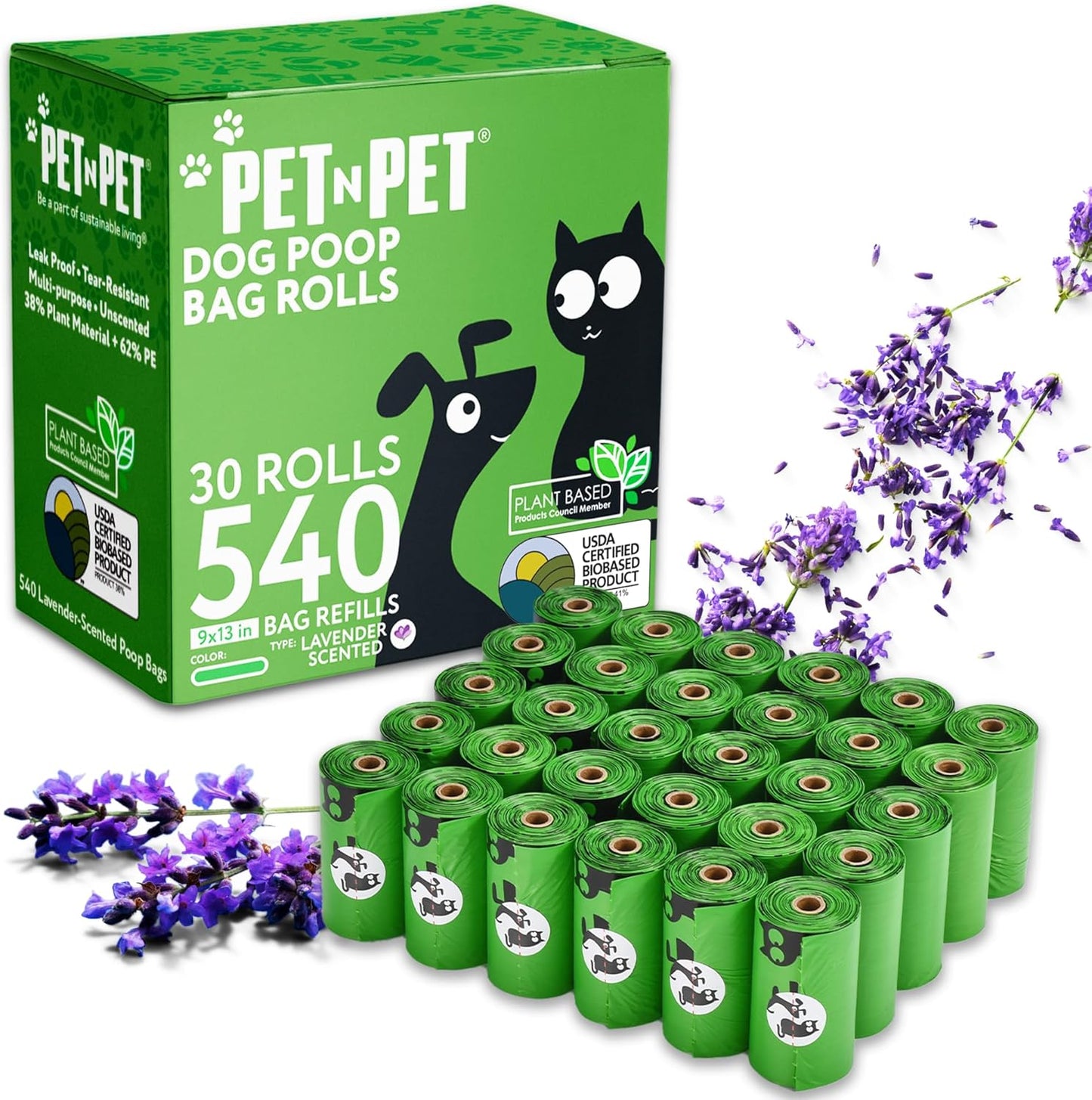 Pet N Pet Poop Bags For Dogs, Green 540 Counts Lavender Scented Dog Poop Bags Rolls, Dog Bag, Pet Waste Bag