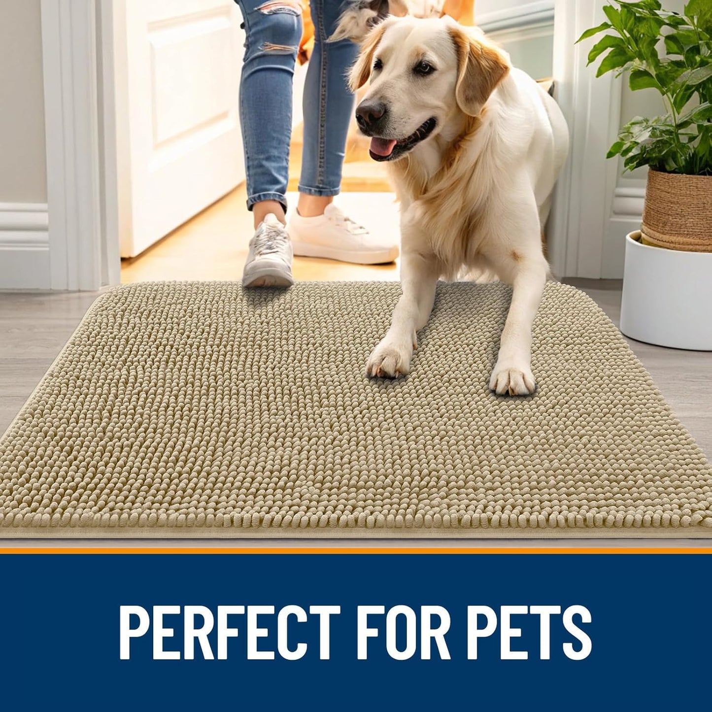OLANLY Dog Door Mat for Muddy Paws 70x46, Absorbs Moisture and Dirt, Absorbent Non-Slip Washable Doormat, Quick Dry Chenille Mud Mat for Dogs, Entry Indoor Entryway Carpet for Inside Floor, Beige