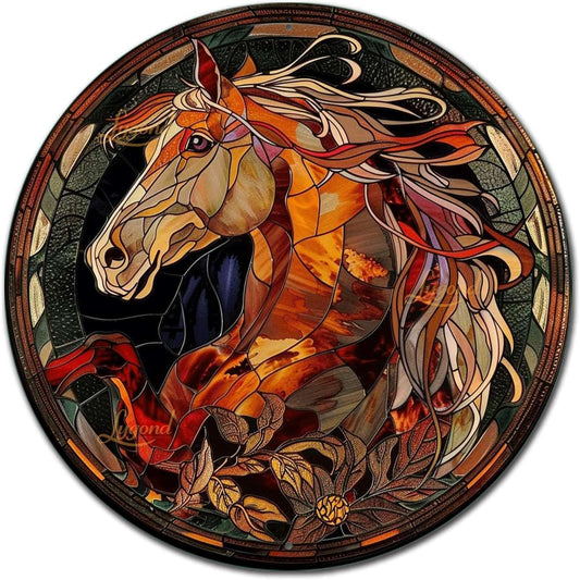 Lygond Metal Sign Tin Sign Circular Stained Glass Horse Gardening Poster for Pet 8×8 Inches