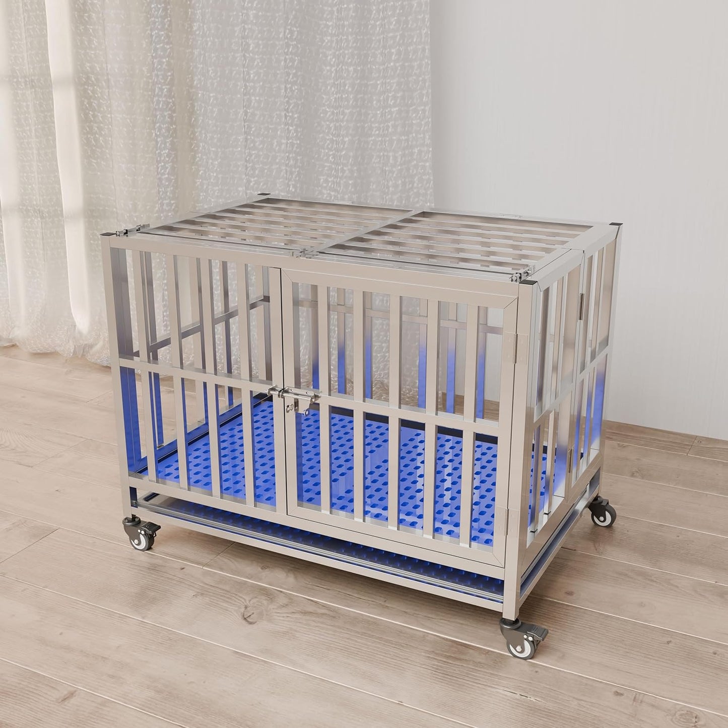 Collapsible Stainless Steel Dog Crate, 30" 37" 42" 48" Sizes, Lockable Wheel, with Tray, Stackable, Heavy Duty, Divider, Indoor and Outdoor （30in Size is Suitable for Small Pets only）