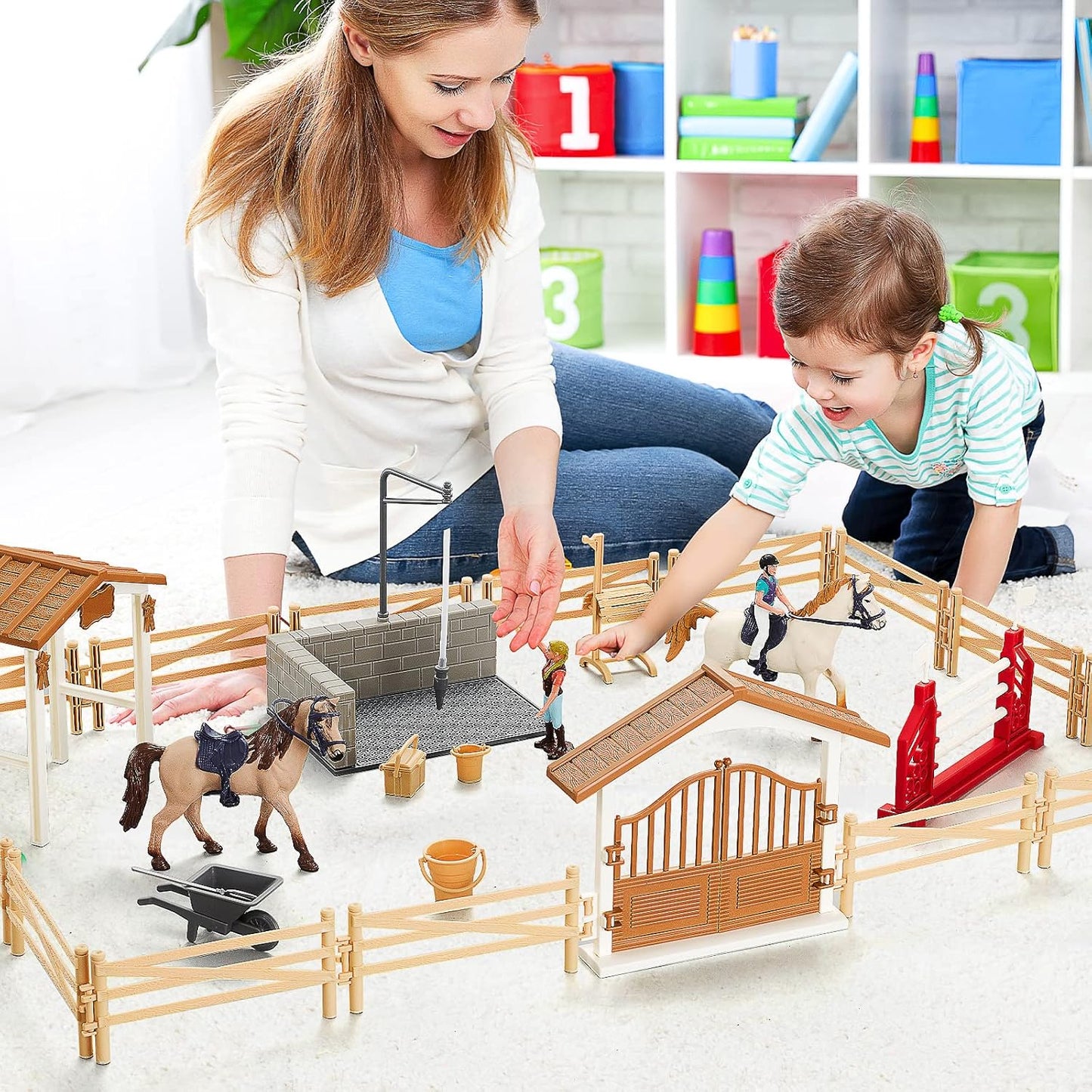 Peagrav Horse Stable Playset with Rider & Horses - Toy Figures for Boys & Girls, Ages 3-8