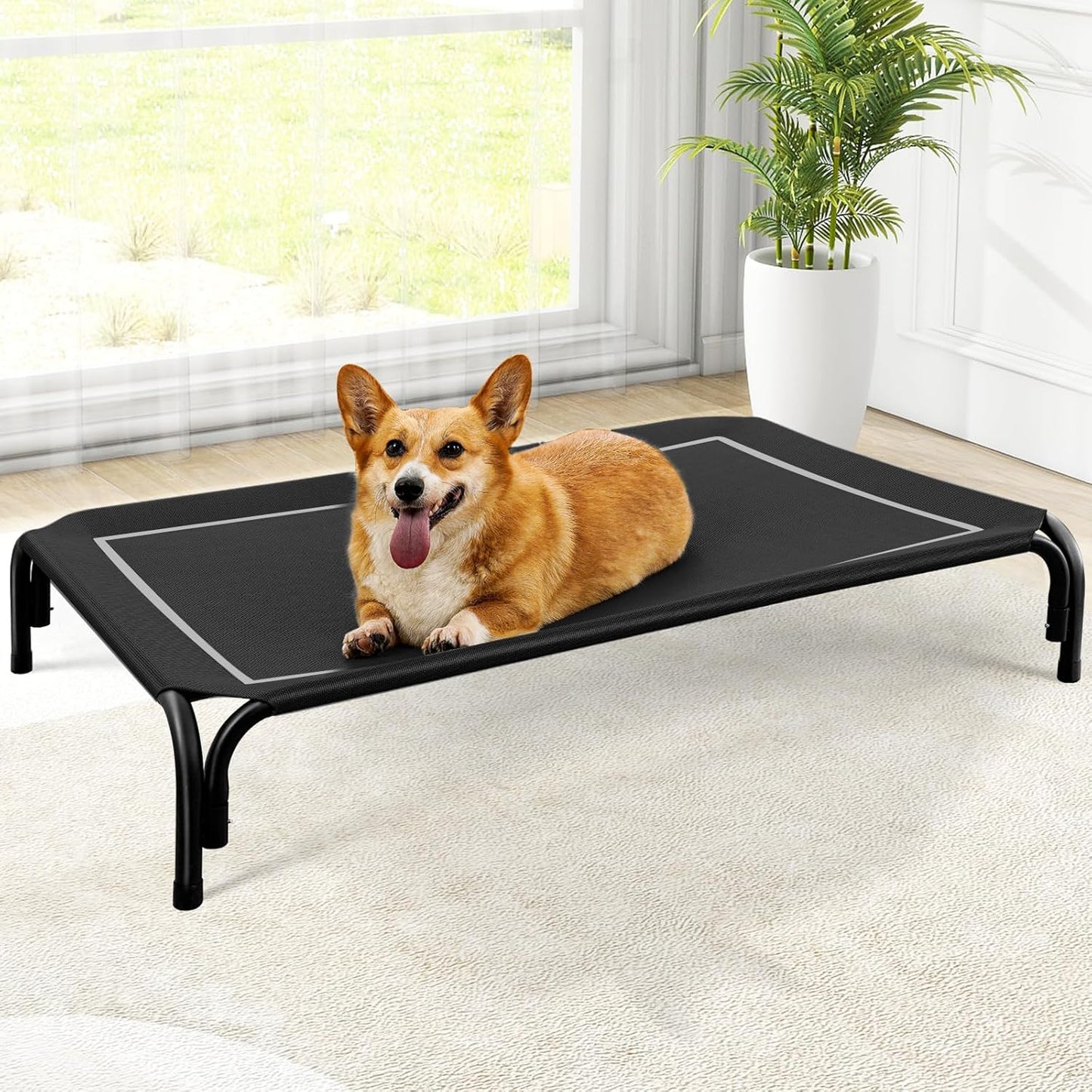Elevated Dog Bed, Raised Outdoor Dog Bed for Medium Sized Dog, Portable Cooling Pet Cot with Breathable & Washable Mesh, Indoor & Outdoor Pet Hammock with Skid-Resistant Feet.