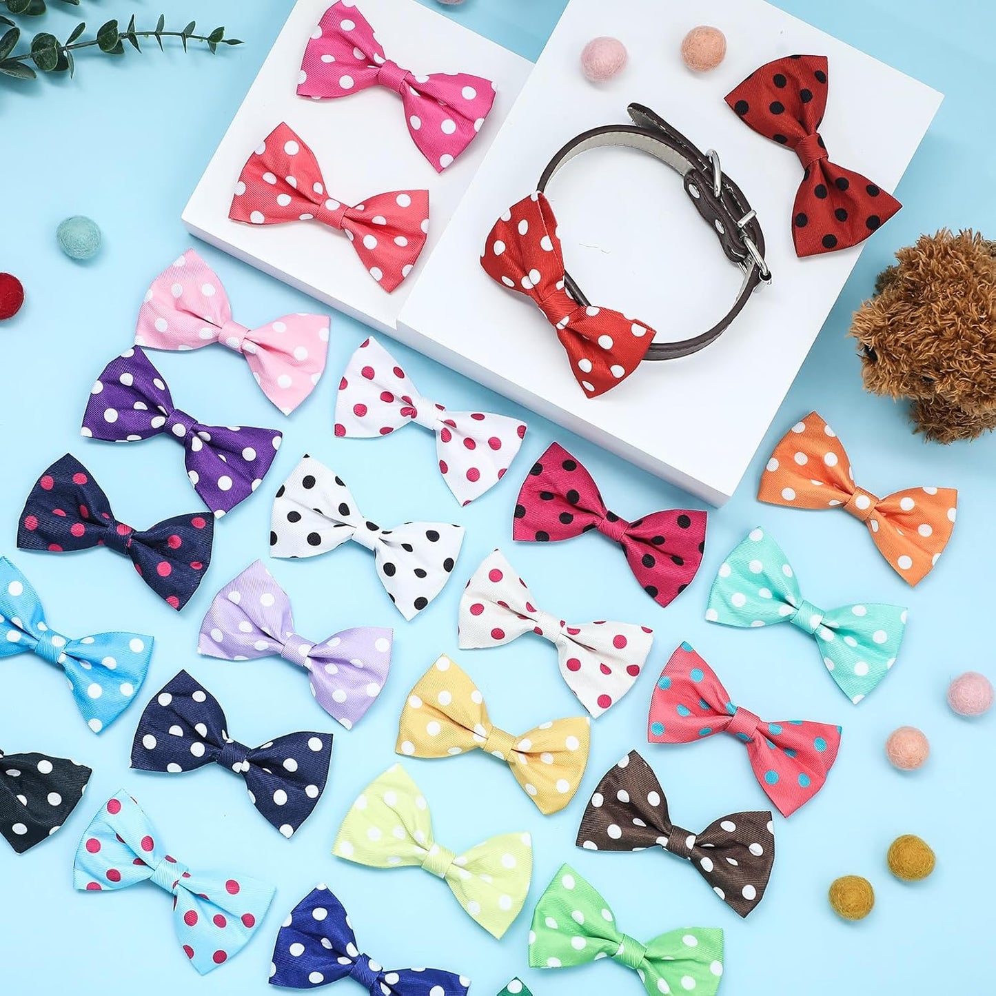 Reginary 50 Pieces Dog Bow Ties Pet Collar Bow Puppy Collar Attachment with Rubber Bands for Small Medium Cat Pet Grooming Charms Accessories Wedding Birthday Occasion (Polka Dot Style)