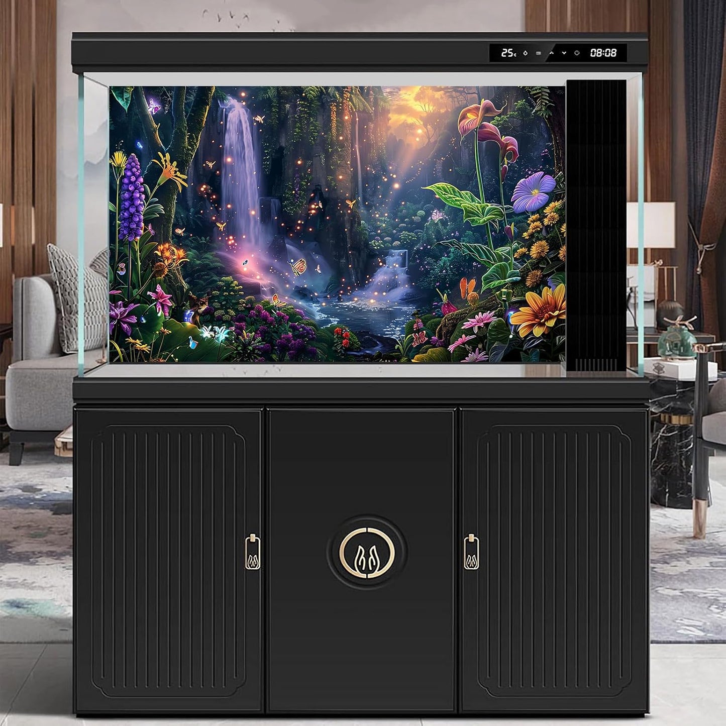 Fantasy Garden Aquarium Background Sunset Waterfall and Flowers Terrarium Backdrop Tropical Forest Lush Plant Magic Butterfly Lights Flowers Fish Tank Background Poster Decorations 30x12in