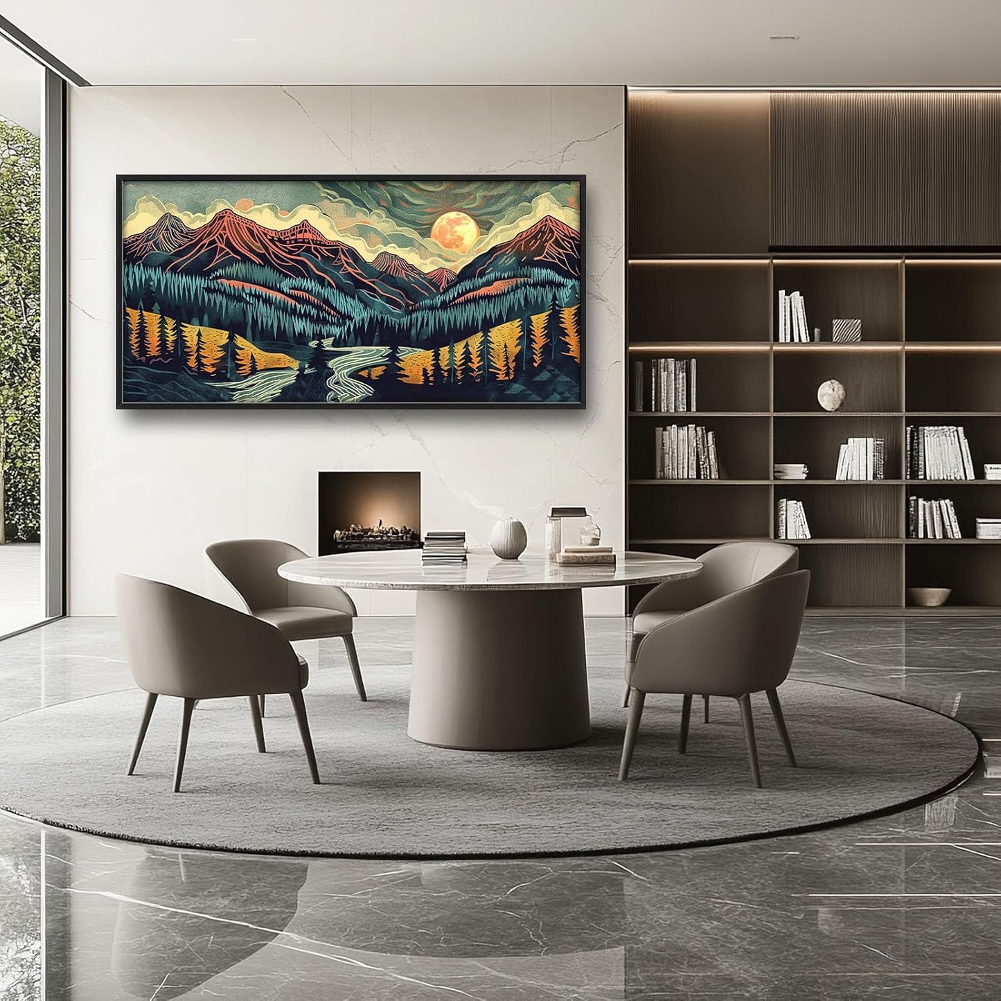 Quorin Boho Mountain Large Wall Art Abstract Pictures Lake Pine Tree Forest Foggy Sunset Wall Decor Nature Landscape Canvas Print Painting Artwork for Bathroom Living Room Bedroom 60L x 30W