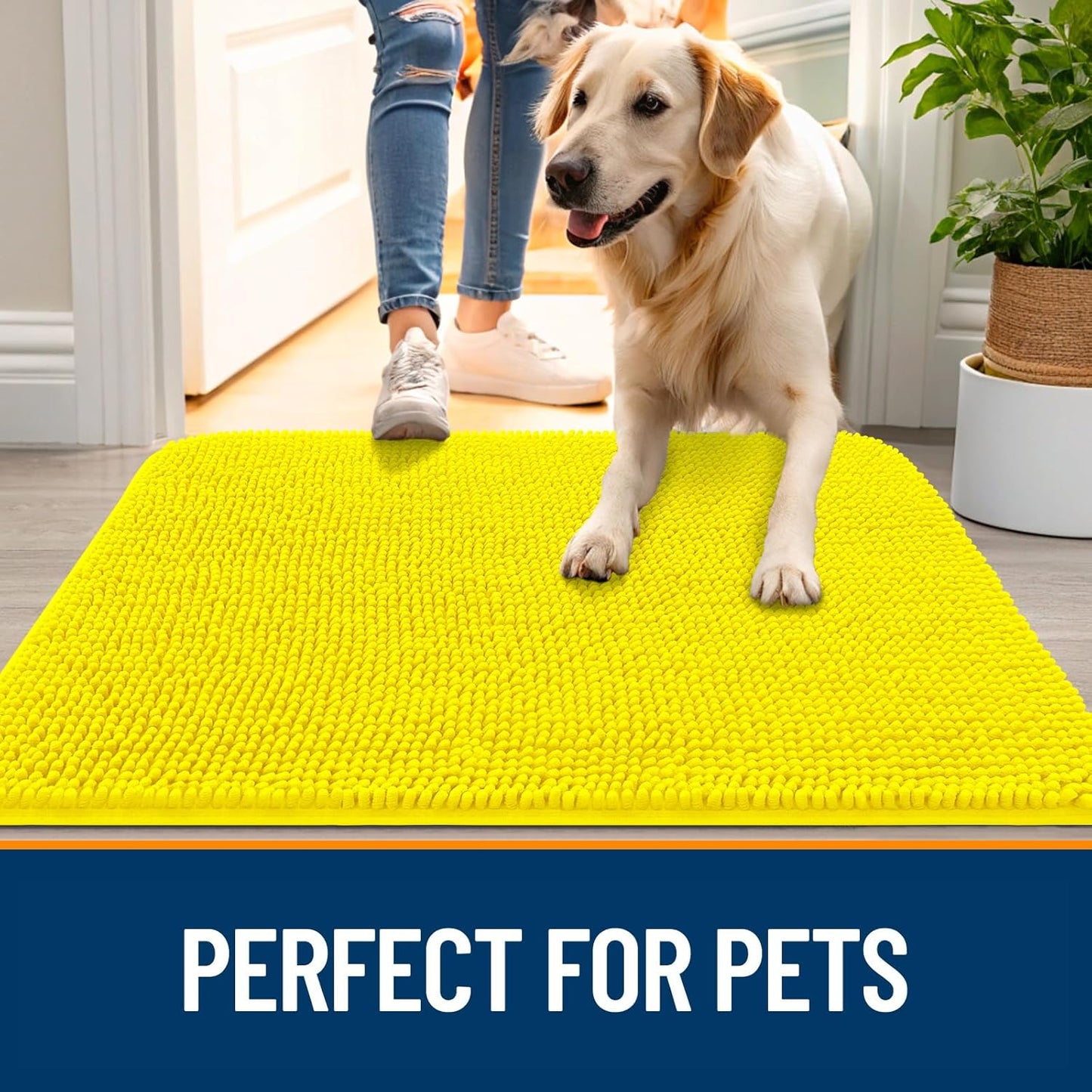 OLANLY Dog Door Mat for Muddy Paws 24x16, Absorbs Moisture and Dirt, Absorbent Non-Slip Washable Doormat, Quick Dry Chenille Mud Mat, Entry Indoor Entryway Carpet for Inside Floor, Lemon Yellow