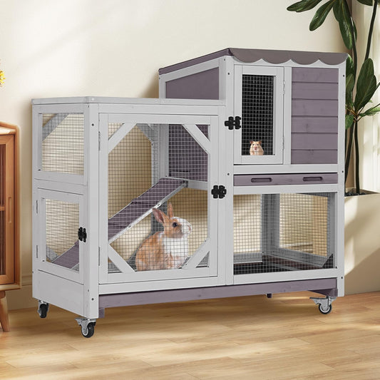 Rabbit Hutch 2-Story Wooden Bunny Cage with 2 Leak-Proof Sliding Trays, Chew-Proof Metal Mesh, Rainproof Cover, Indoor & Outdoor Guinea Pig House with Wheels - Grey