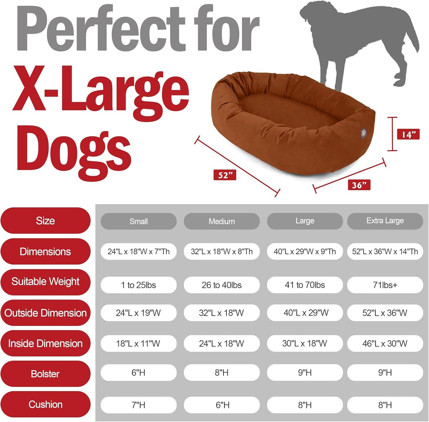 Majestic Pet 52 Inch Suede Calming Dog Bed Washable 52x35x11 (Inch) – Cozy Soft Round Donut Dog Bed with Spine Support for Dogs to Rest Their Head - Pet Bed X- Large – Rust (2025)