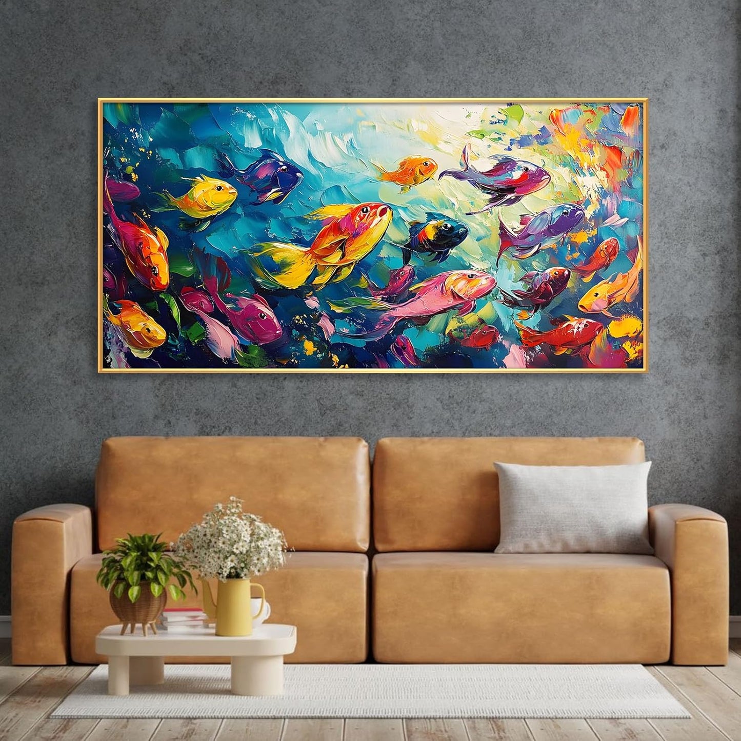 School of Fish Printed Canvas Wall Art – Framed Abstract Ocean Print – Vibrant Fish Wall Decor for Living Room, Bedroom, Office (Gold Framed, 47"x23"|120x60cm)