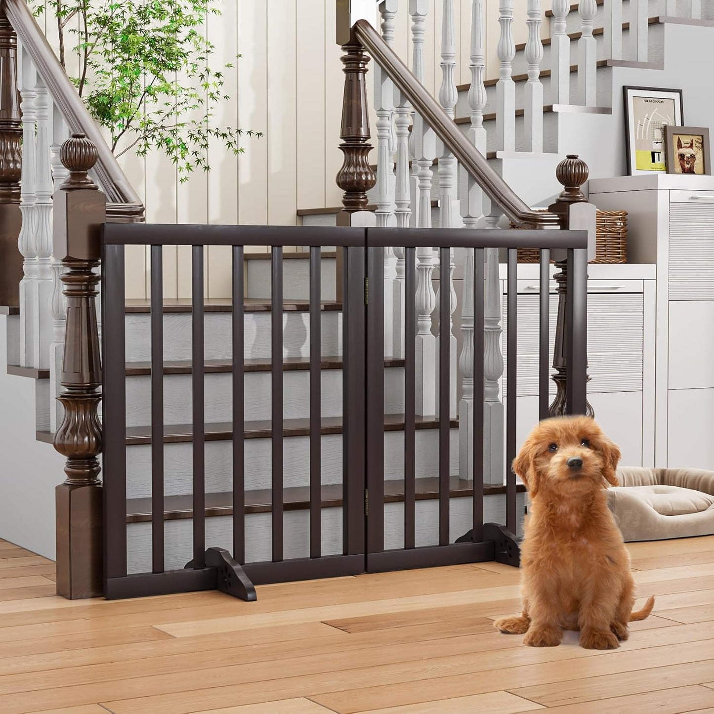 Freestanding Foldable Dog Gate 2 Panel,Fully Assembled Dog Gates for Doorways, Wooden Pet Gates for The House, 24-inch Tall Pet Gate Indoor