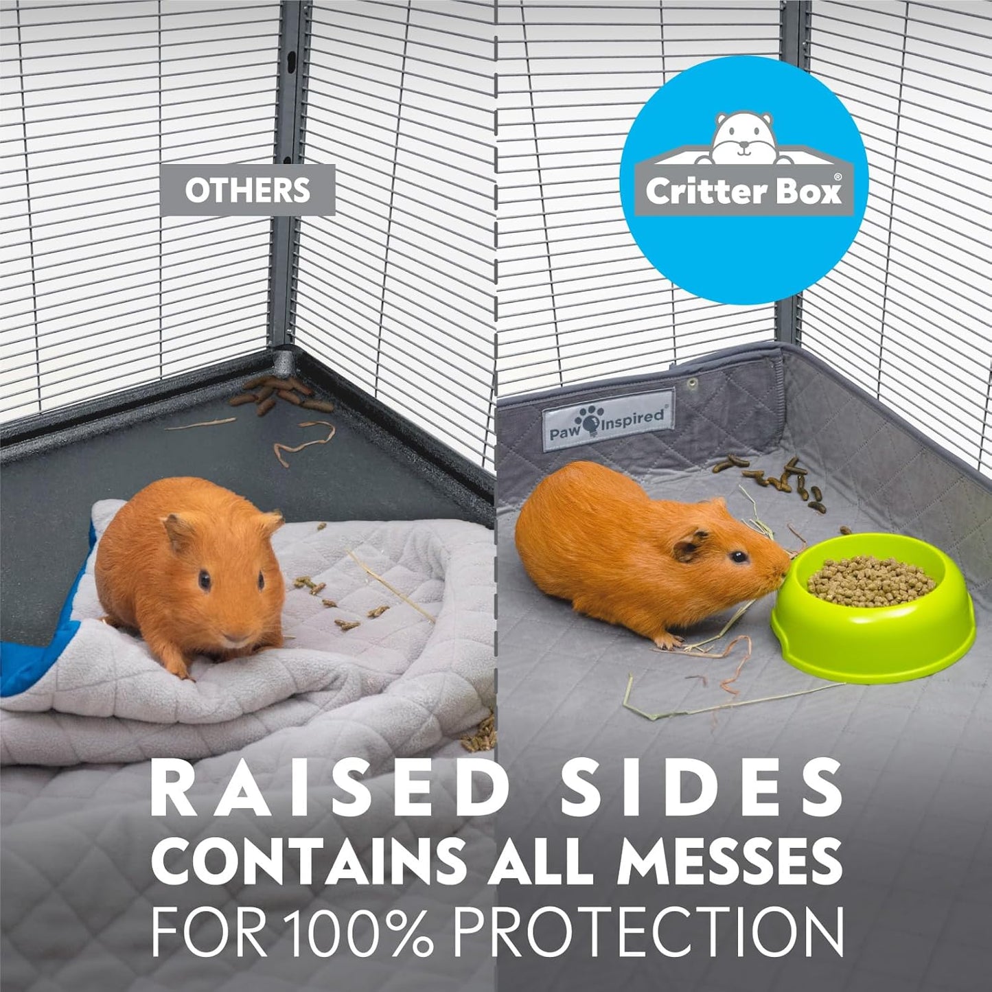 Paw Inspired Critter Box Washable Cage Liner, Reversible Fleece Bedding with Raised Sides for Ferrets, Guinea Pigs, Rats, Chinchillas, and Other Small Animals (Critter Nation/Ferret Nation, Gray/Blue)