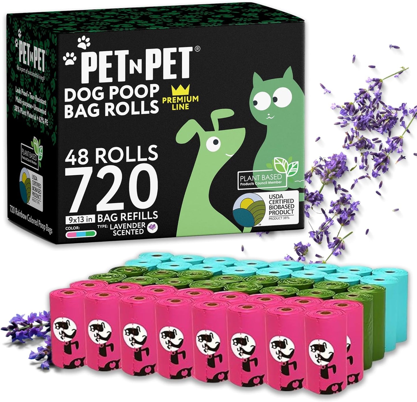 Pet N Pet 720 Counts Lavender Scented, Colorful Poop Bags for Dogs, 38% Plant Based & 62% PE Dog Poop Bags Rolls, Extra Thick Dog Waste Bag, Doggy Bag
