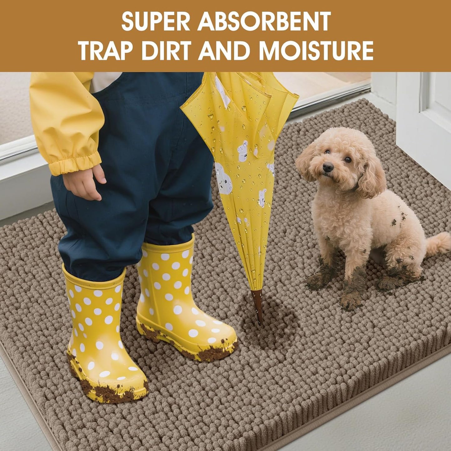 Dog Door Mats for Muddy Paws, Chenille Absorbent Dog Mats, Non Slip Heavy Mud Mat for Dogs, Soft Pet Mat for Entryway, Mud Paws, Inside Floor,36" x 24", Beige