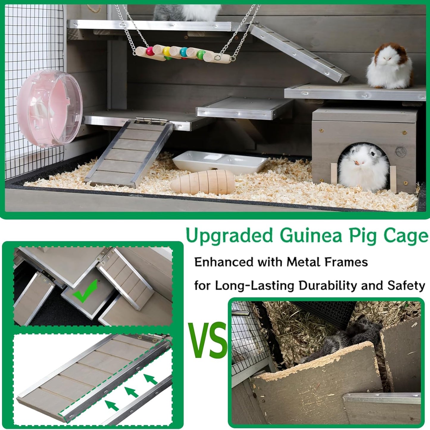 Guinea Pig Cages Wooden Hamster Cage Indoor with Stand and Storage Outdoor Small Animals Habitat with Metal Edges Ramps Hideout House,No Leak and Pull Out Tray, Easy Clean