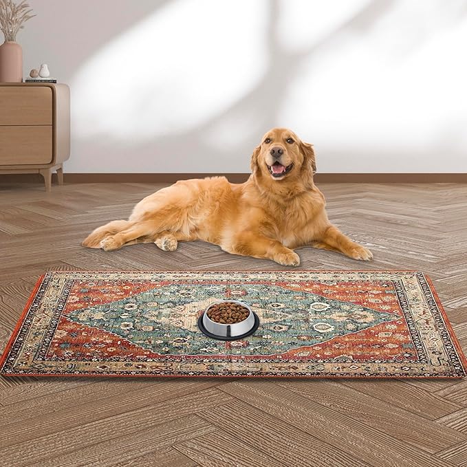 Large Pet Feeding Mat, 15.7" x 39.3" Bohemia Absorbent Quick Dry Dog Mat for Food and Water Bowl, Non Skid Cat Bowl Mat, No Stains for Pet Water Dispenser Pet Supplies for Messy Drinkers