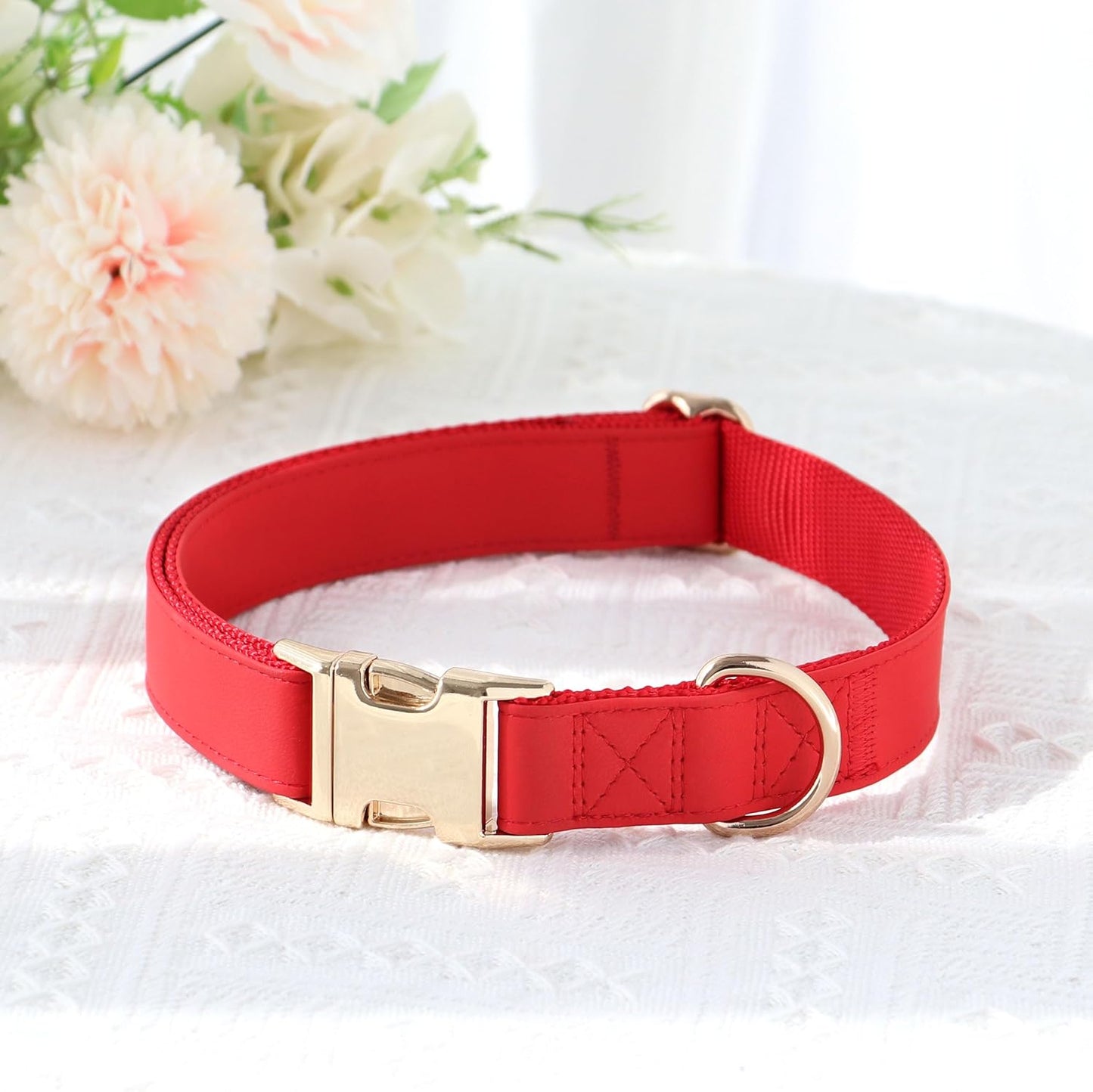 PET ARTIST Soft PU Leather Dog Collar, Bright & Classic Red Dog Collar with Quick Release Rose Metal Buckle, Adjustable Nylon Padded Durable Pet Collars for Large Dogs Girl, Neck Fit 16-27"