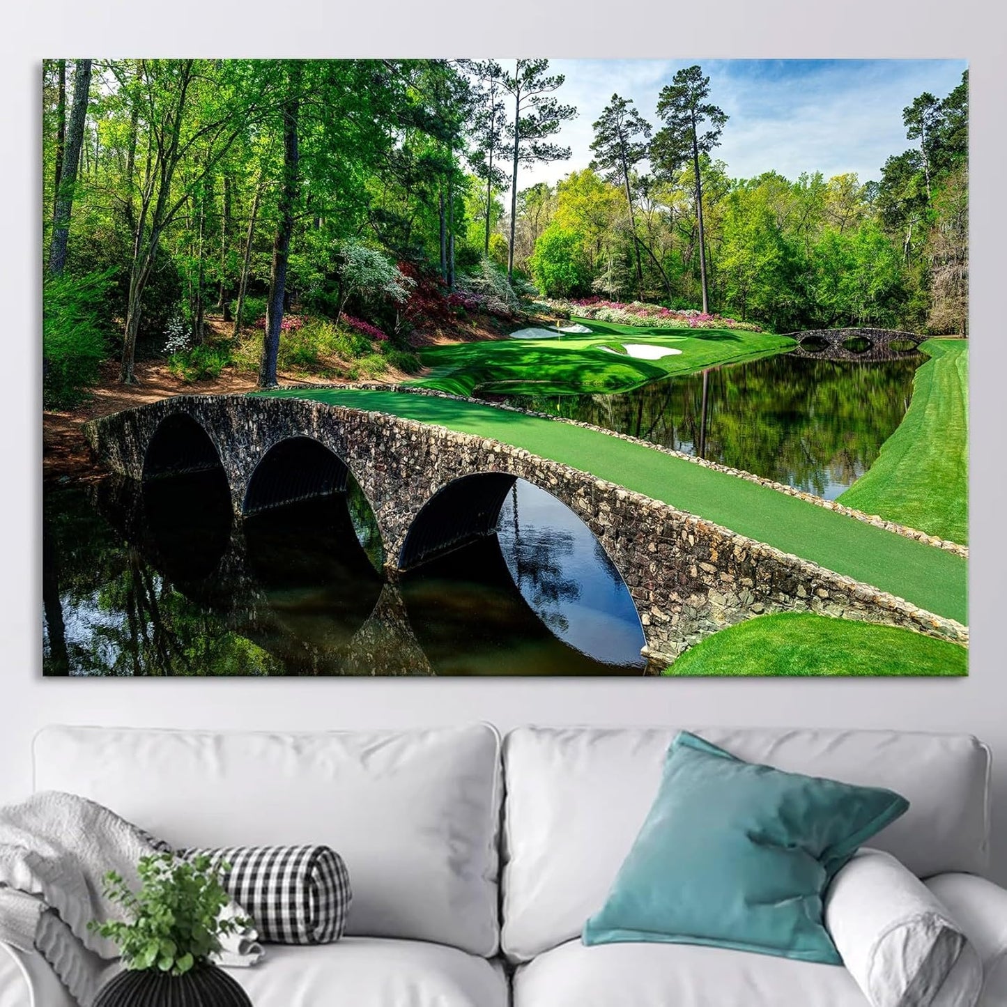 Nature Wall Art Prints - Ocean Forest Mountain Lake Canvas Landscapes - Small to Extra Large Living Room Bedroom Kitchen Bathroom Décor (Golf Course with Stone Bridge, 16L" x 24W")