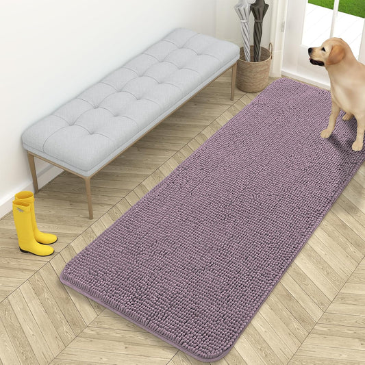 OLANLY Dog Door Mat for Muddy Paws 59x24, Absorbs Moisture and Dirt, Absorbent Non-Slip Washable Doormat, Quick Dry Chenille Mud Mat for Dogs, Entry Indoor Entryway Carpet for Inside Floor, Deep Plum