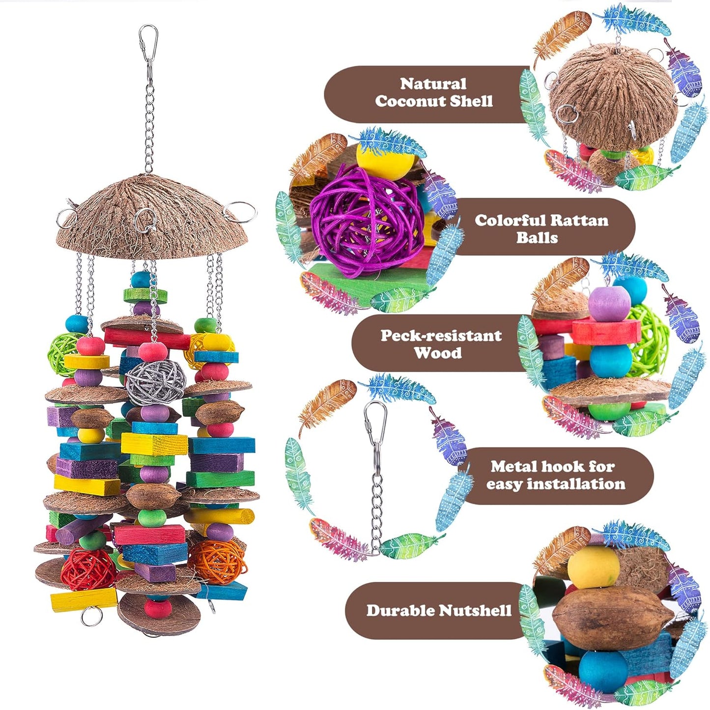 EBaokuup Large Bird Parrot Toys - Colorful Wooden Blocks Bird Chewing Toy for Macaws, Cockatoos, African Grey and Large Medium Parrot Birds