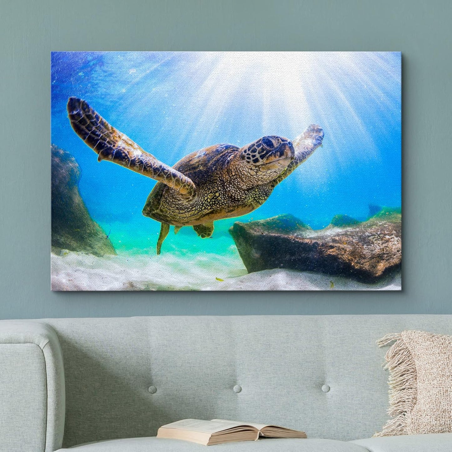 wall26 Canvas Print Wall Art Sunlight Ray Tropical Turtle Swimming Ocean Nature Animals Photography Realism Rustic Scenic Landscape Wilderness Colorful for Living Room, Bedroom, Office - 32"x48"