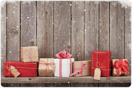 Lunarable Christmas Pet Mat for Food and Water, Concept Photo with Present Boxes Front of Wooden Wall and Snowflake Frame, Non-Slip Rubber Mat for Dogs and Cats, 18" X 12", Burgundy Grey