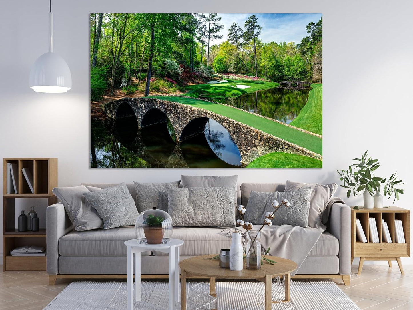 Nature Wall Art Prints - Ocean Forest Mountain Lake Canvas Landscapes - Small to Extra Large Living Room Bedroom Kitchen Bathroom Décor (Golf Course with Stone Bridge, 20L" x 30W")