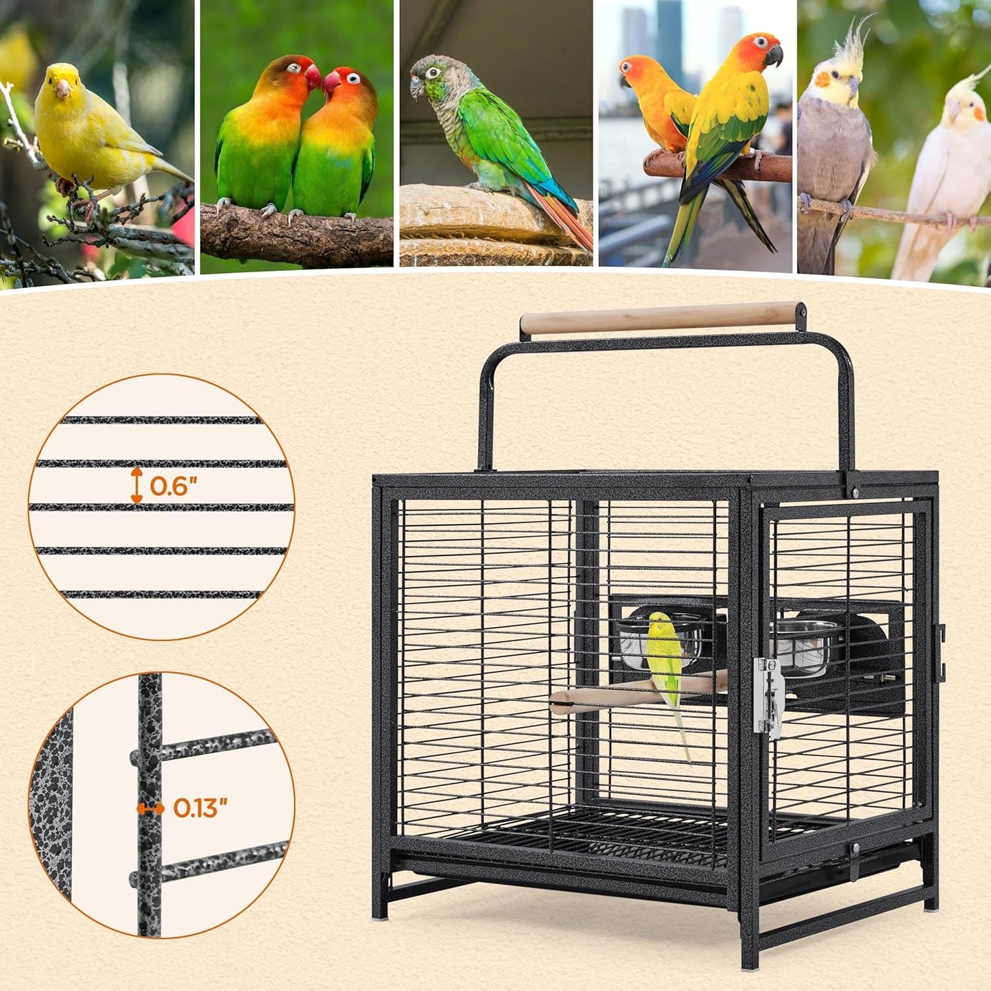 Yaheetech 25.5'' Wrought Iron Bird Travel Carrier Cage Parrot Cage with Handle Wooden Perch & Seed Guard for Small Parrots Canaries Budgies Parrotlets Lovebirds Conures Cockatiels