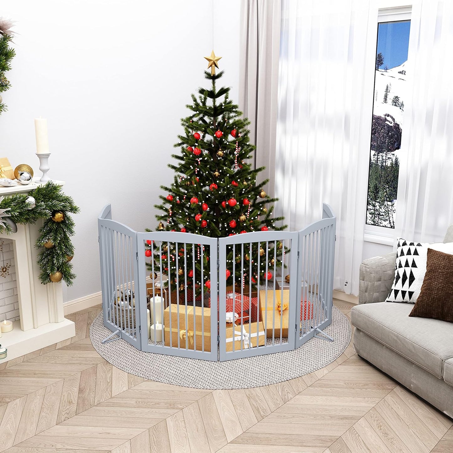 Freestanding Pet Gate for Dogs, Indoor Wooden Foldable Dog Gate for House, Extra Wide, Pet Fence for Stairs, Doorways, Halls, Support Feet Included, 120 Inch Wide, 6 Panels 32",Grey