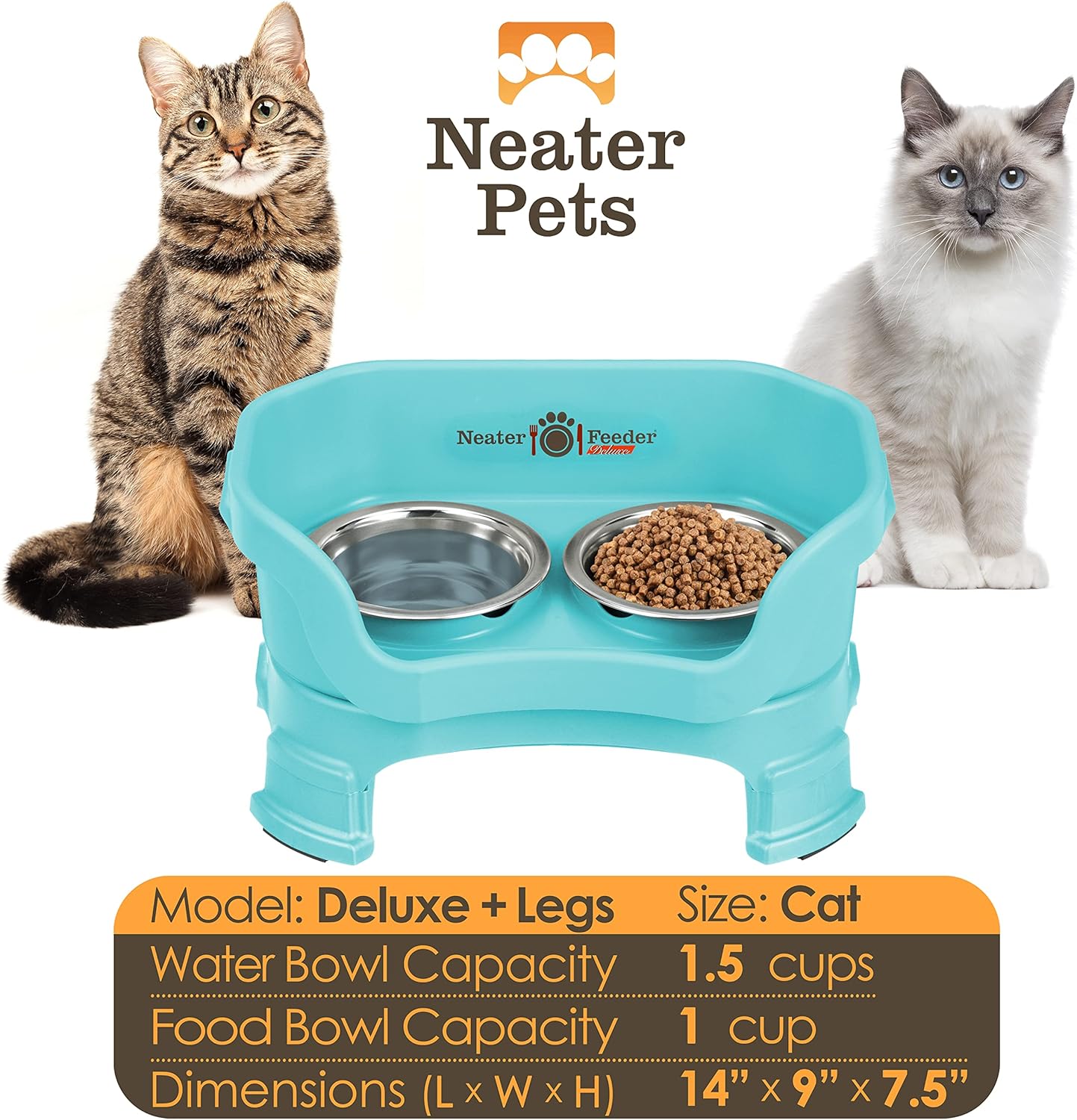 Neater Feeder Deluxe Mess Proof Cat Bowls Elevated for All Breeds – Made in USA – No Spill Raised Cat Bowls for Indoor Cats w/Leg Extensions – Stainless Steel Cat Food and Water Bowl Set - Teal