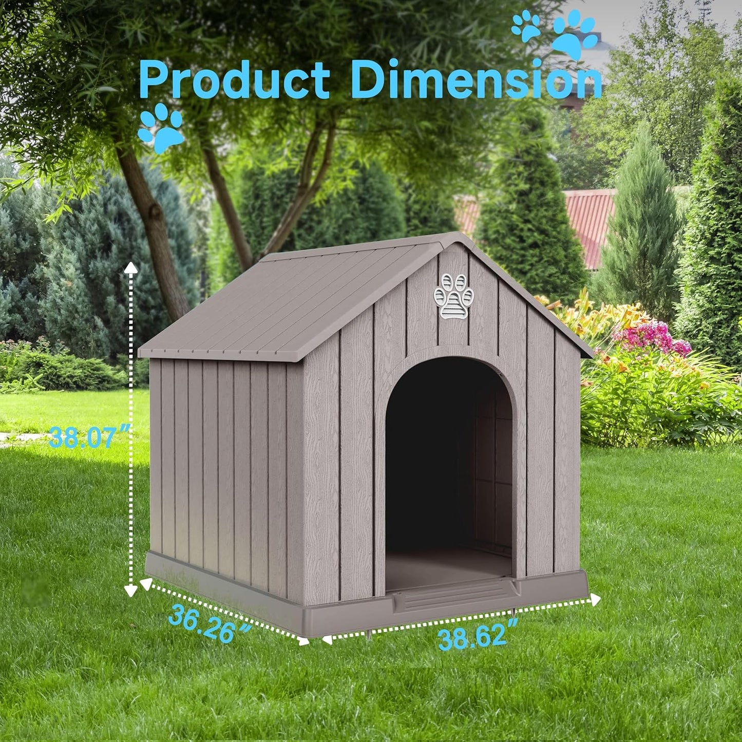Vixzen Large Outdoor Dog House,Durable Water Resistant Resin Dog House,Doghouse for Small to Large Dogs Indoor or Outside,with Openable Windows and Elevated Floor,Gray