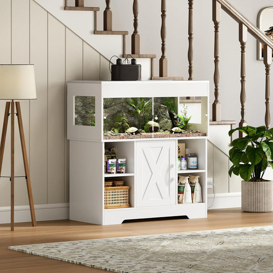 40 Gallon Reptile Terrarium Tank with Storage Cabinet, Reptile Tank with Stand, for Leopard Geckos, Corn Snakes, Juvenile Pets, Sliding Acrylic Doors, Mesh Top, Power Outlet, White PX03RTW