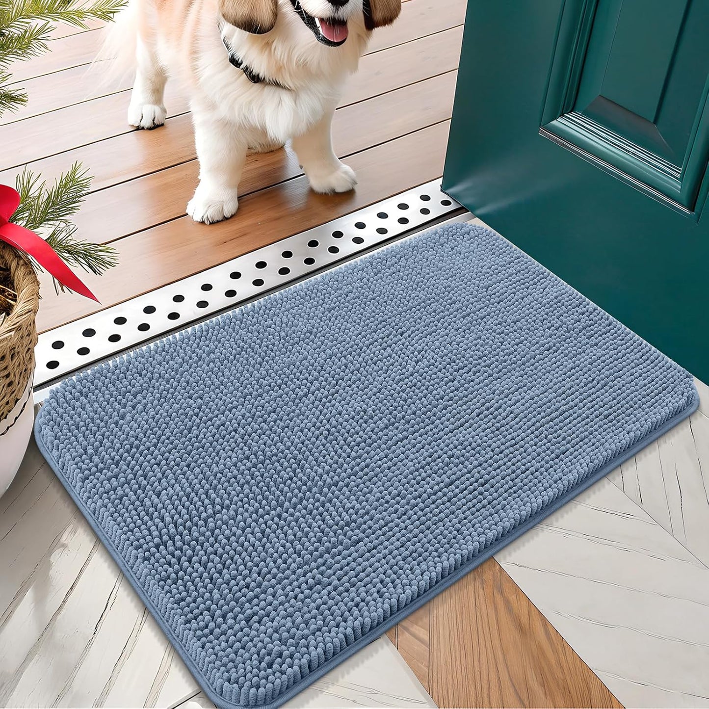 OLANLY Dog Door Mat for Muddy Paws 30x17, Absorbs Moisture and Dirt, Absorbent Non-Slip Washable Doormat, Quick Dry Chenille Mud Mat for Dogs, Entry Indoor Entryway Carpet for Inside Floor, Airy Blue