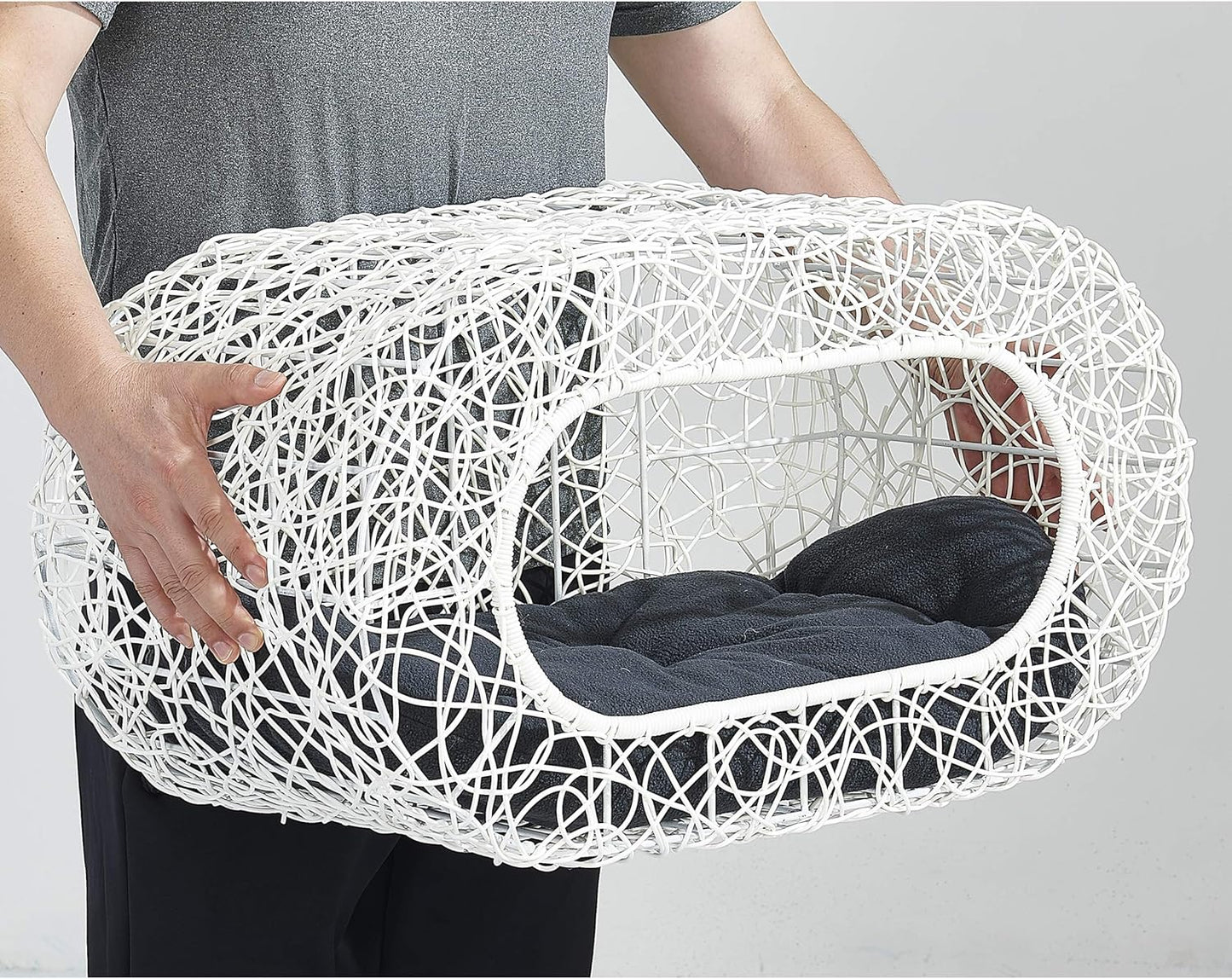 D+GARDEN Fun Stackable White Cat Condo for Indoor Cats - Interactive Play Rattan Modern Cat House for Indoor Cats Kitty, Pet Friendly Top/Side House Entry, Cat Bed Enclosed