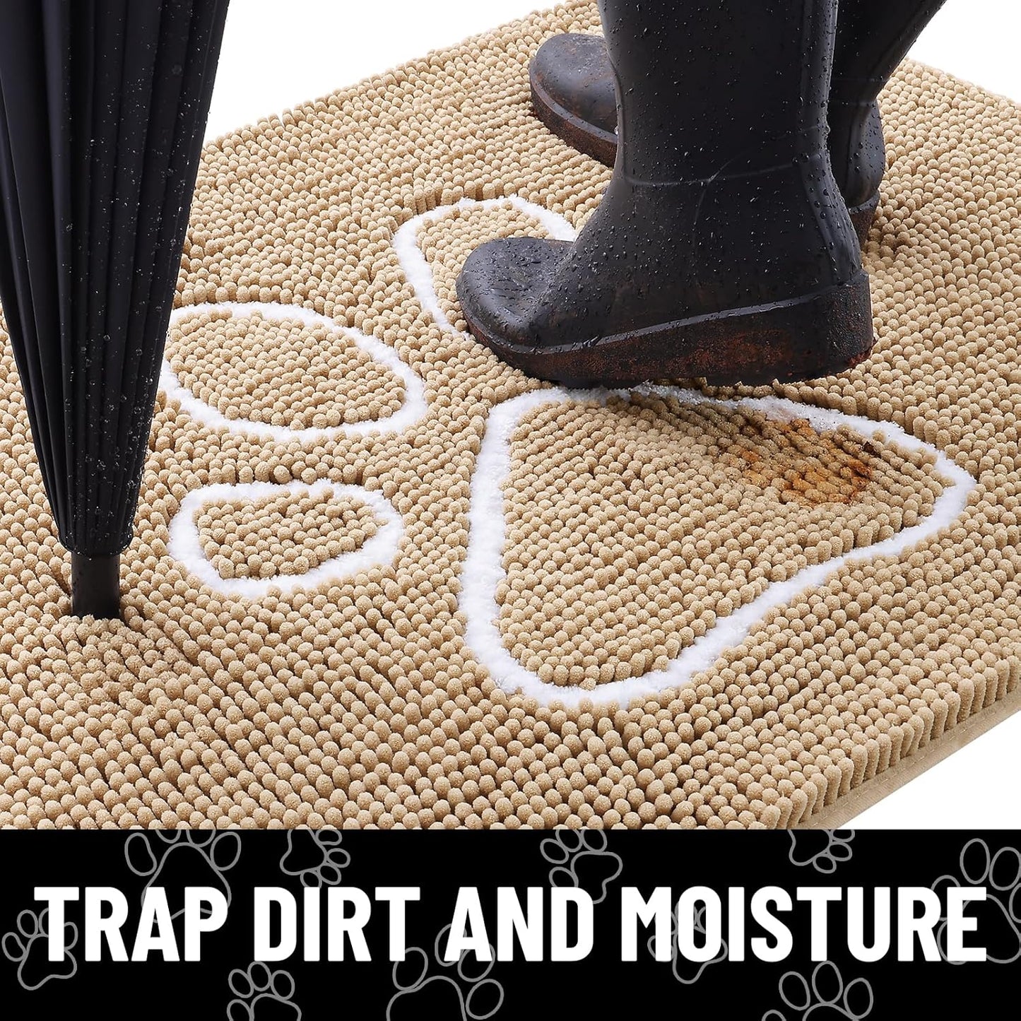 Smiry Dog Door Mat for Muddy Paws, Absorbent Dirt Trapper Non Slip Quick Dry Washable Chenille Mat for Mud Dogs, Entry Rug for Indoor and Outdoor (70x24 Inches, Beige)