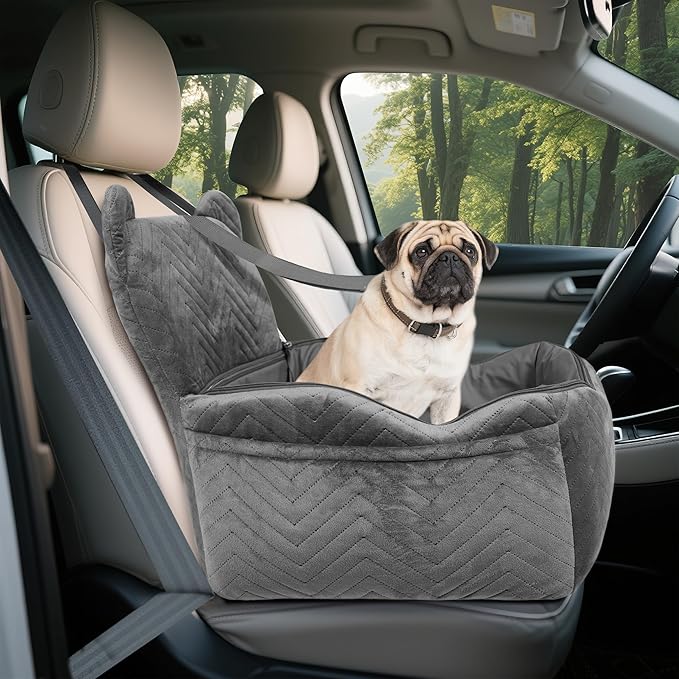 Dog Car Seat Booster with Waterproof Cover, Memory Foam, Small/Medium Dog Bed for Car Back Seat for Travel, Grey, 2 Safety Belt