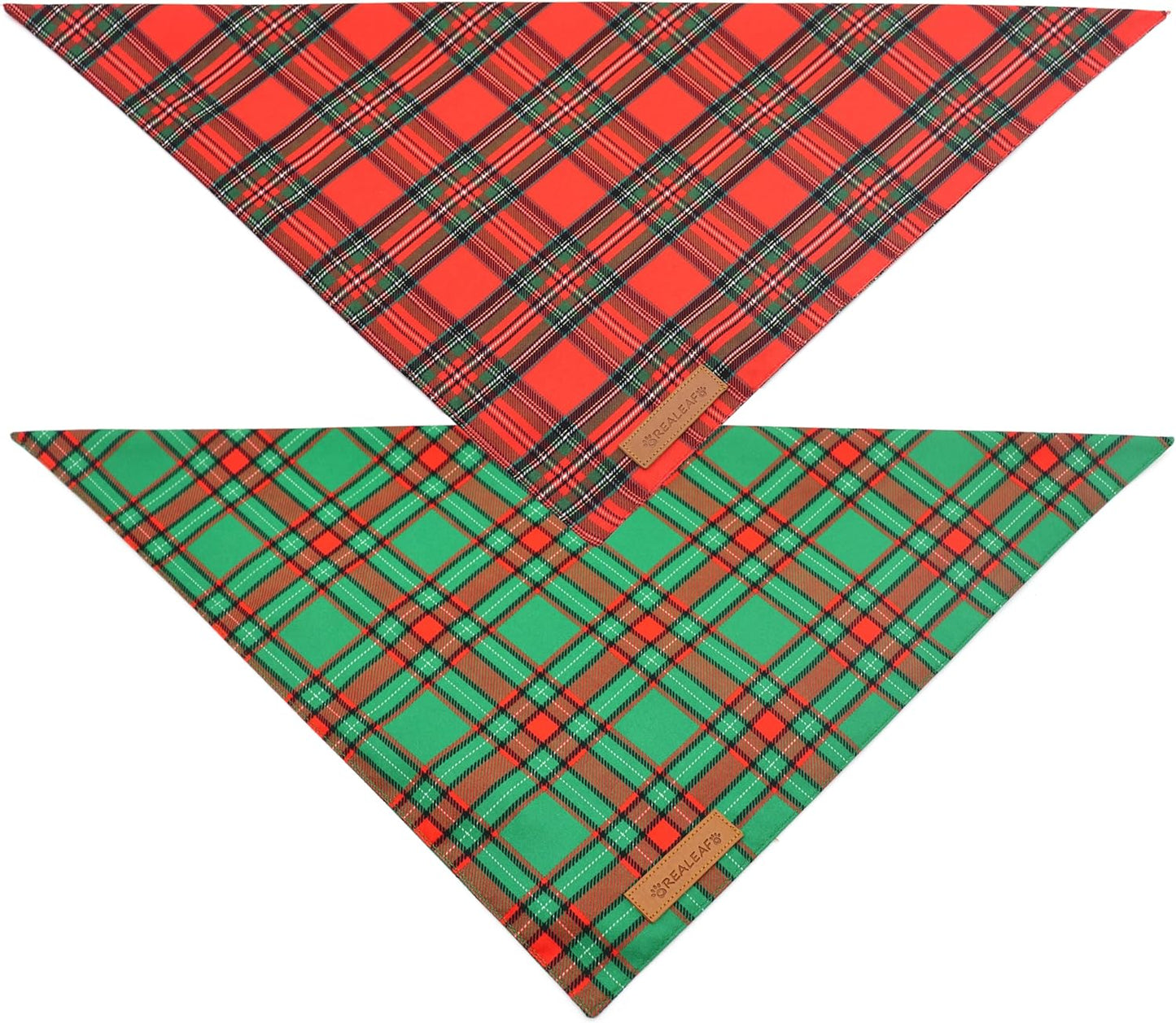 Realeaf Christmas Dog Bandanas 2 Pack, Reversible Red Green Plaid Dog Scarf, Xmas Pet Bandana for Boy and Girl, Premium Durable Fabric, Holiday Check Bandana for Small and Medium Dogs Pets (Small)
