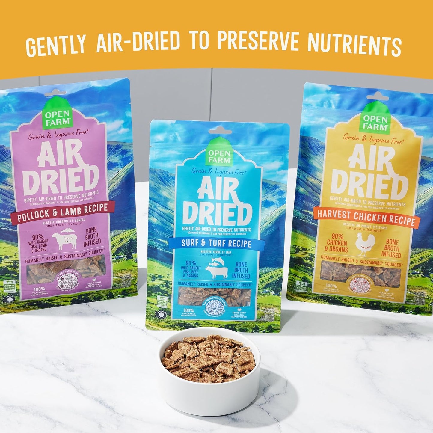 Open Farm, Air Dried Dog Food Infused with Bone Broth, Grain & Legume Free, Complete Meal or Food Topper, Harvest Chicken Recipe, 1lb Bag