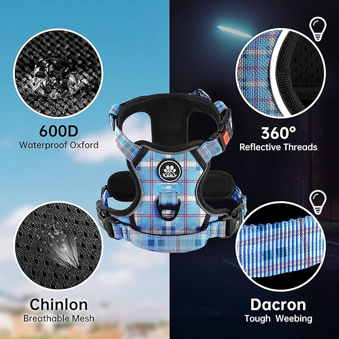 NESTROAD No Pull Dog Harness with Leash, Reflective No Choke Pet Vest Harness,Adjustable Soft Padded Dog Harness with Easy Control Handle for Large Dogs(Checkered Blue,X-Large)