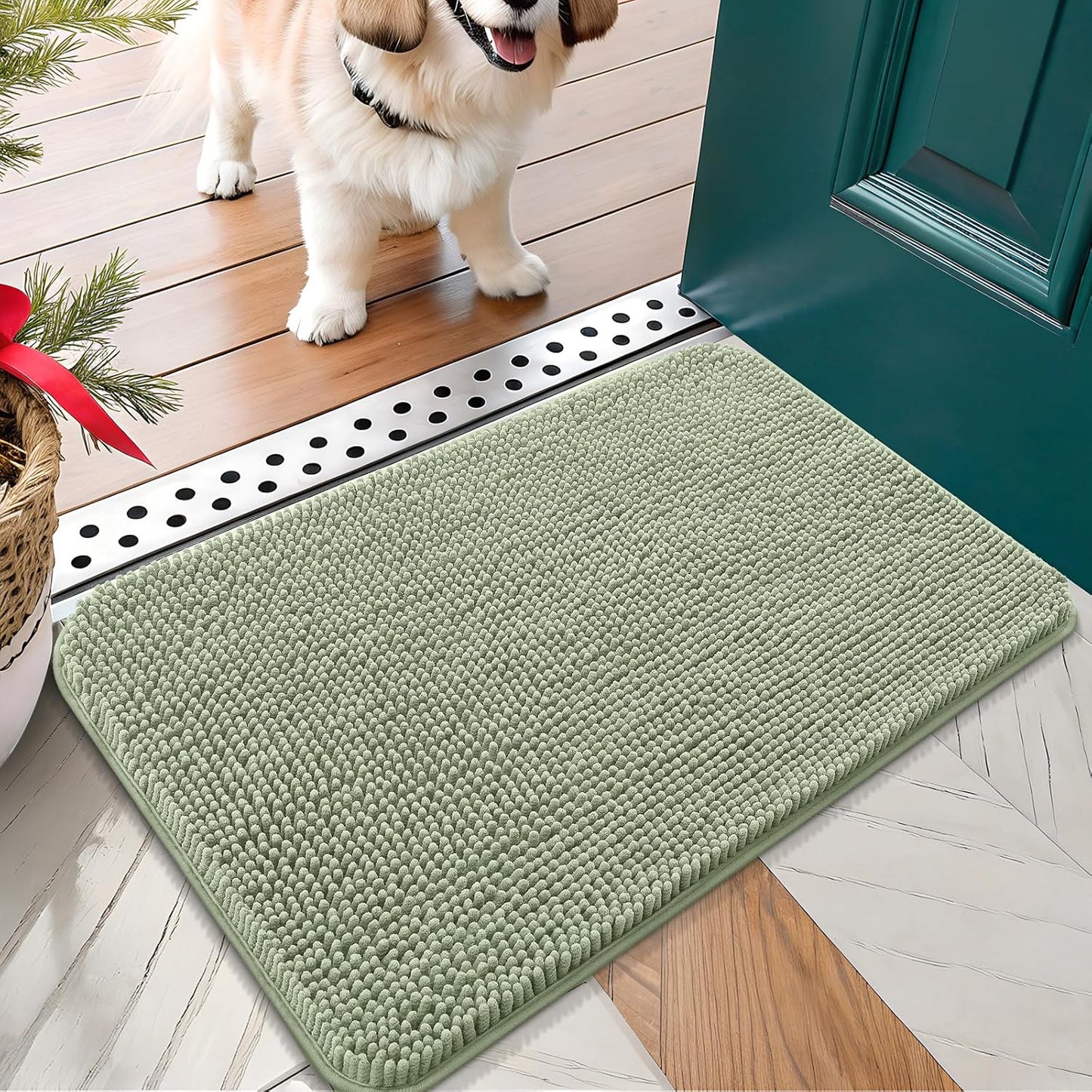OLANLY Dog Door Mat for Muddy Paws 24x16, Absorbs Moisture and Dirt, Absorbent Non-Slip Washable Doormat, Quick Dry Chenille Mud Mat for Dogs, Entry Indoor Entryway Carpet for Inside Floor, Sage Green