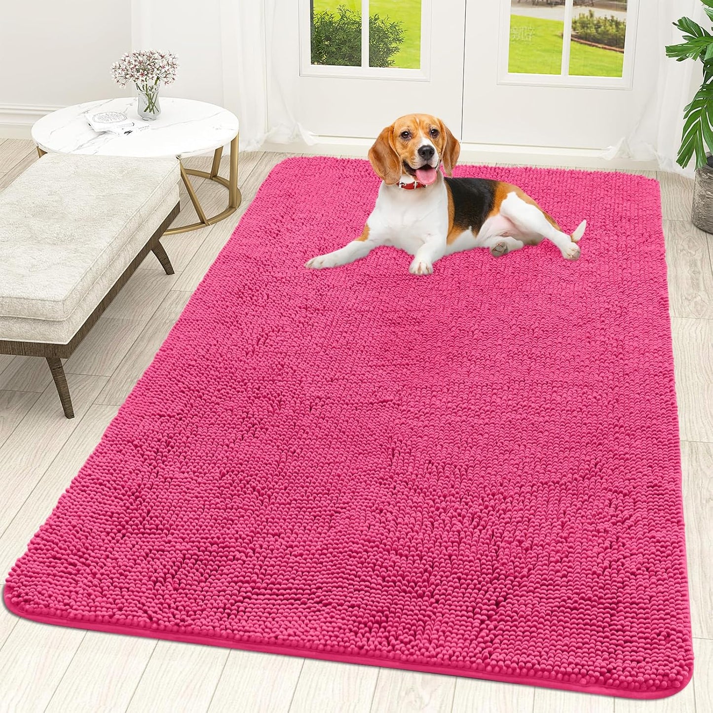 OLANLY Dog Door Mat for Muddy Paws 59x35, Absorbs Moisture and Dirt, Absorbent Non-Slip Washable Doormat, Quick Dry Chenille Mud Mat for Dogs, Entry Indoor Entryway Carpet for Inside Floor, Hot Pink