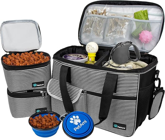 PetAmi Dog Travel Bag - Travel Pet Organizer with Food Container and Bowls, Perfect for Weekend Camping, Cat Diaper Bag (Stripe Black, Medium)