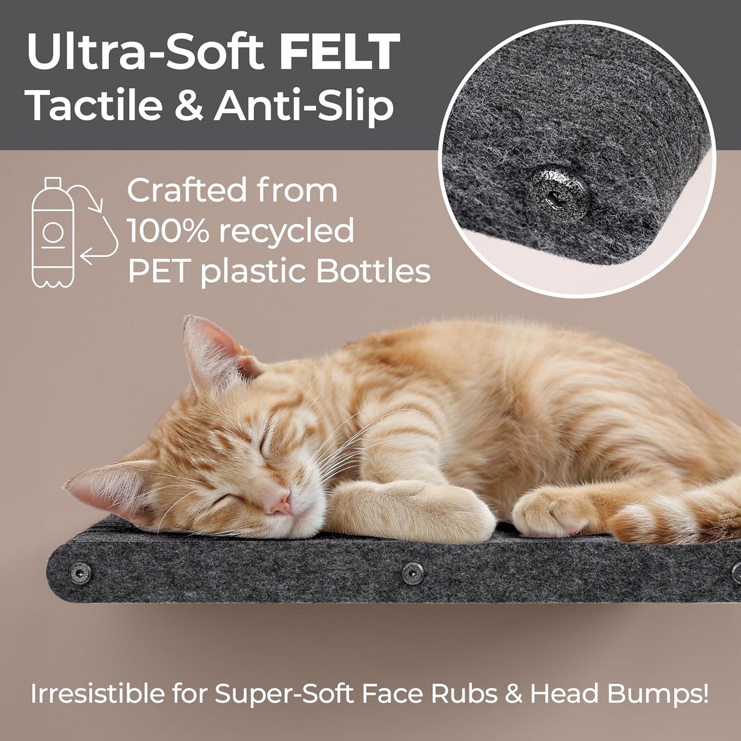 Wall Mounted Cat Perch Long Shelf by Pryde Pets - Floating Hammock Bed, 100% Sustainable PET Felt Feline Enrichment Climber Furniture for Indoor Cats, Modern Climbing Gym Jungle Design (Charcoal)