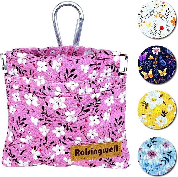 Dog Treat Pouch, Small Cotton Pocket Sized Training Holder, Hand Free Walking Fanny Bag with Carabiner, Self-Closing Pet Feed Snack Reward, Behavior Aids for Puppy Travel or Outdoor Use