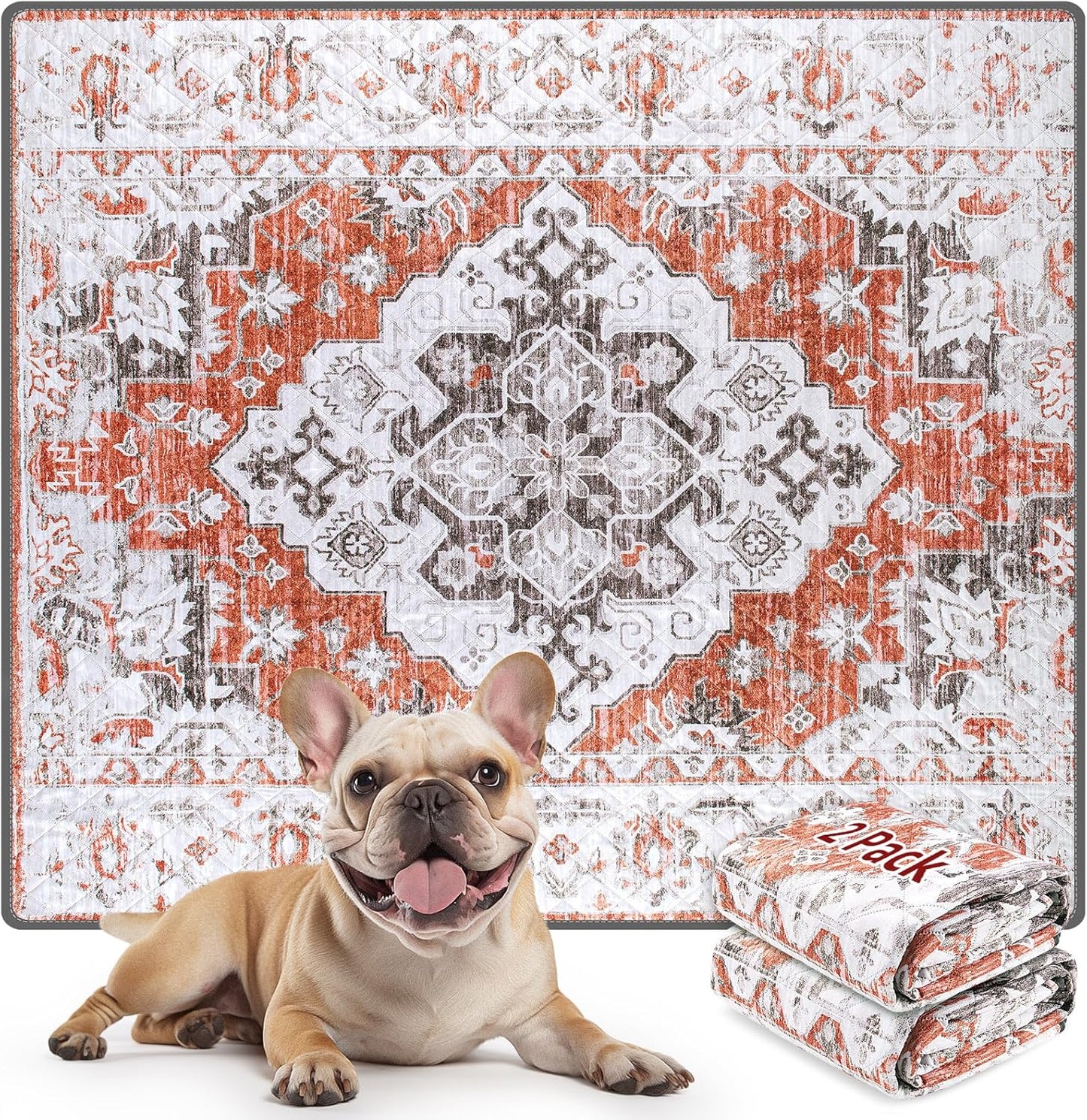 LOOBANI Reusable Pee Pads for Dogs, 2 Pack Super Absorbent Washable Puppy Pee Pads, Waterproof Non-Slip Whelping Pad for Floor Playpen Crate Couch-36 x48 (Red-Orange)