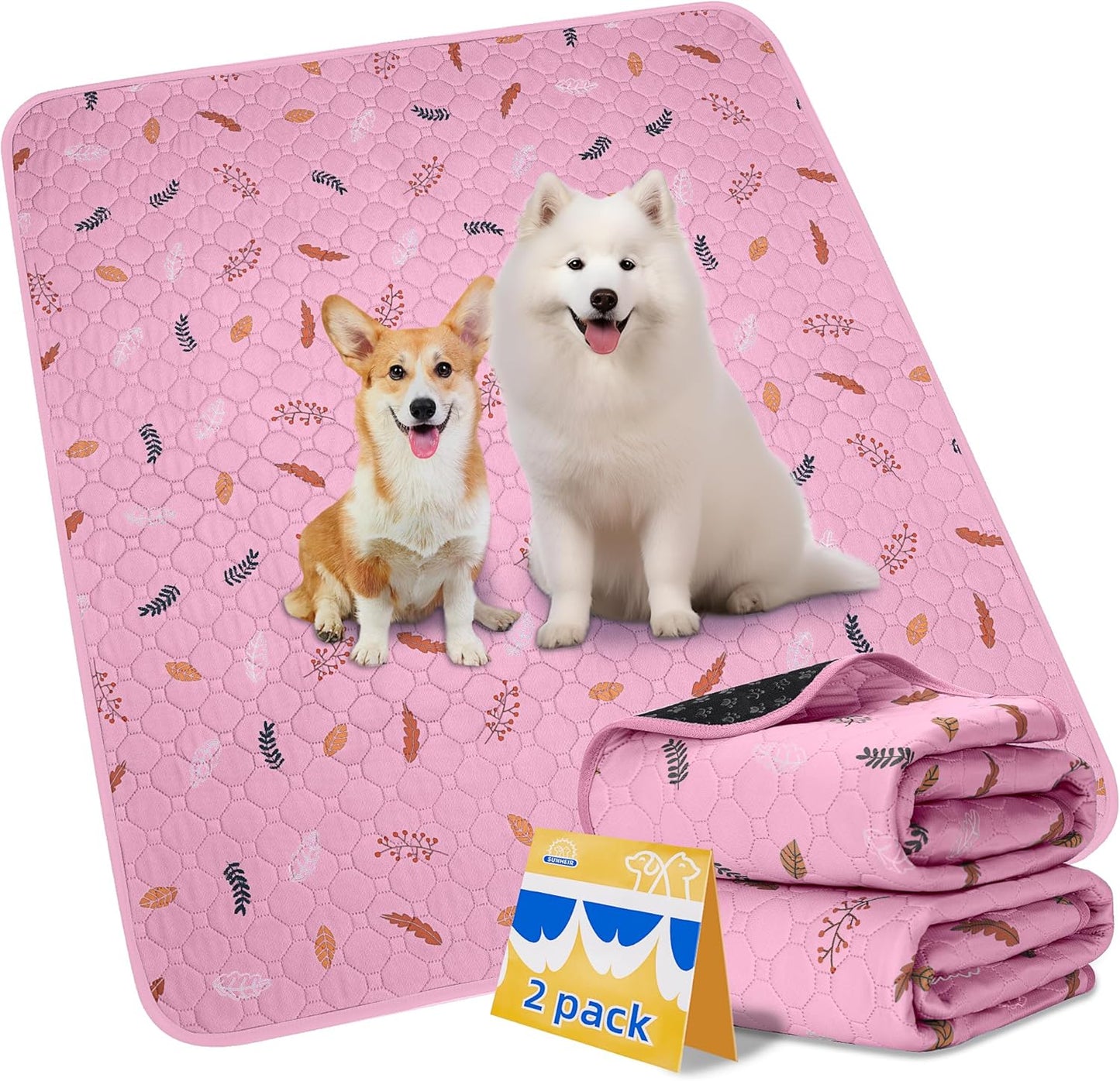Sunheir 2-Pack Extra Large Reusable Dog Mat for Floor, Dog Playpen, Non-Slip Waterproof Dog Pee Pad, Super Absorbent Washable Pee Pads for Dogs, Pet Whelping Pads, Potty Training - Pink, 36" x 41"